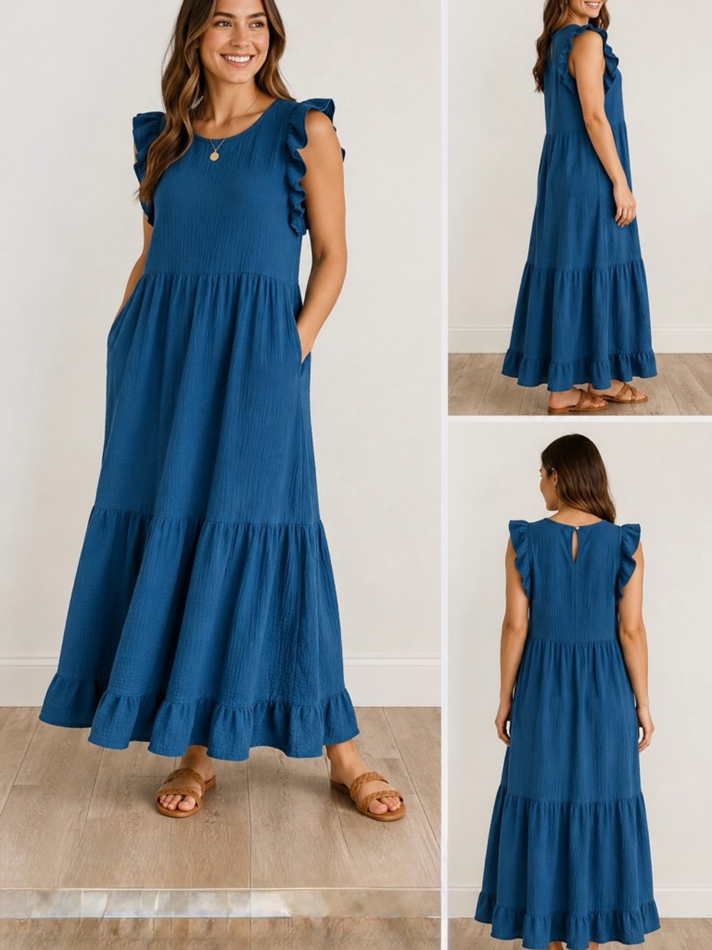 Universal Thread Goods Co Cotton Gauze Tiered Maxi Dress Blue Ruffle Sleeves L